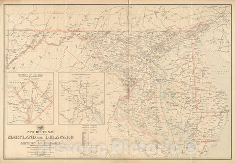 Historical Map, 1903 Post Route map of The States of Maryland and Delaware and of The District of Columbia Showing Post Offices with The Intermediate Distances, 1903, Vintage Wall Art