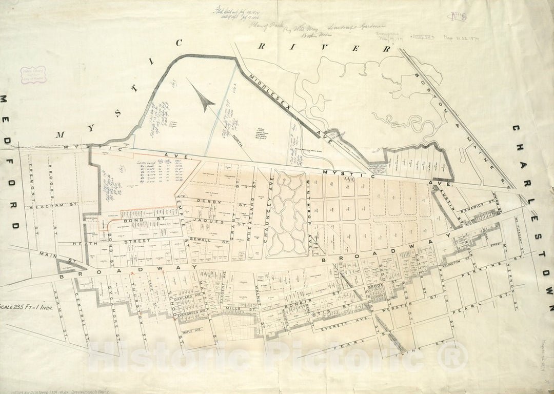 Historical Map, 1874 [Plan of Real Estate in Charlestown, Showing Park Laid Out], Vintage Wall Art