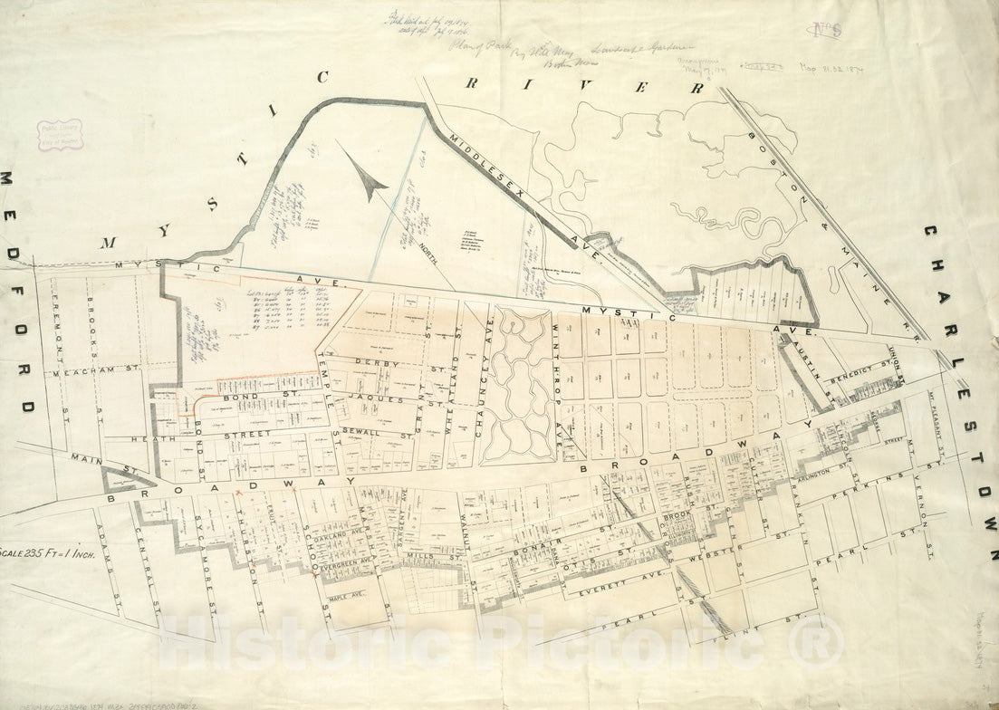 Historical Map, 1874 [Plan of Real Estate in Charlestown, Showing Park Laid Out], Vintage Wall Art