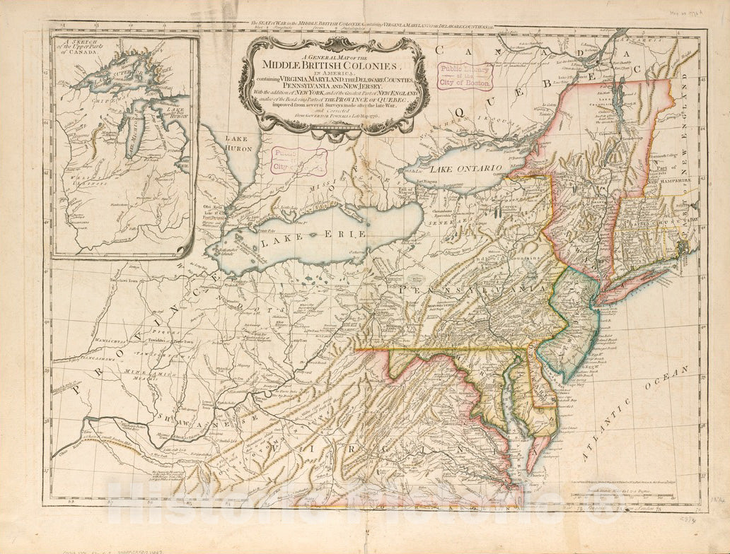 Historical Map, 1776 A General map of The Middle British Colonies, in America : containing Virginia, Maryland, The Delaware Counties, Pennsylvania and New Jersey, Vintage Wall Art