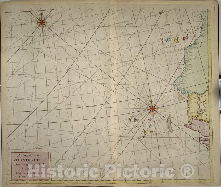 Historical Map, 1725 A Chart of The Atlantick Ocean Describing The Coast of Africa from Cape Teffalana to Cape Formosa, Vintage Wall Art