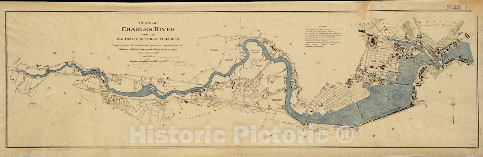 Historical Map, 1894 Plan of Charles River : from The Waltham line to Boston Harbor, Vintage Wall Art