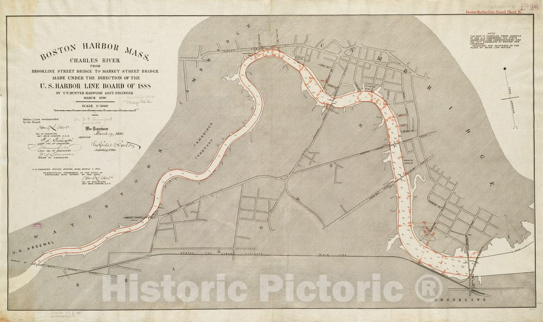 Historical Map, 1890 Boston Harbor Mass : Charles River from Brookline Street Bridge to Market Street Bridge, Vintage Wall Art