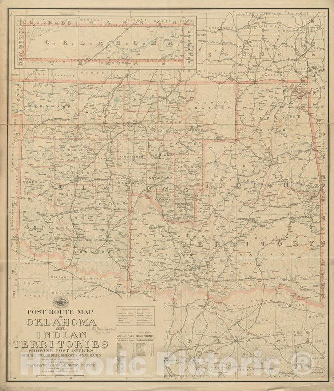 Historical Map, 1903 Post route map of Oklahoma and Indian territories showing post offices on the 1st of December, 1903, Vintage Wall Art