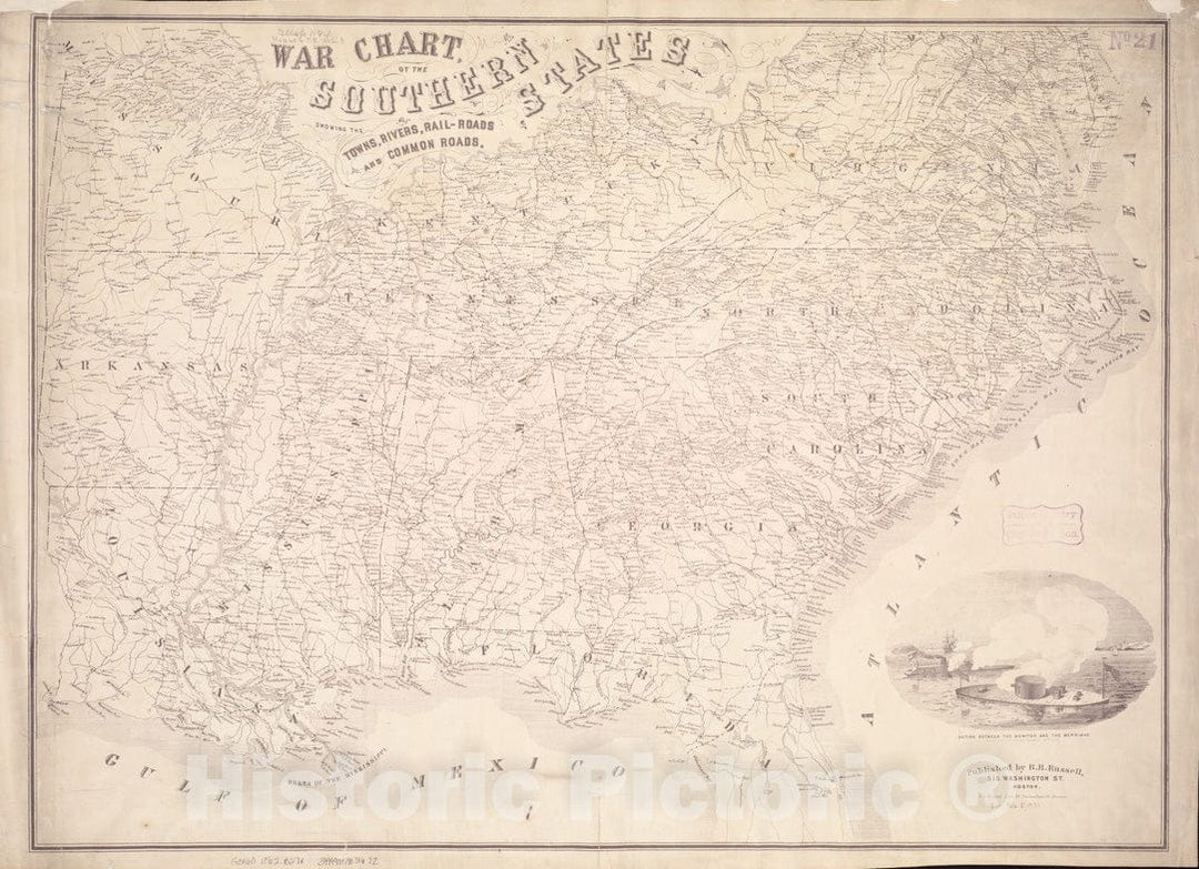 Historical Map, 1862 War Chart of The Southern States Showing The Towns, Rivers, Rail-Roads and Common Roads, Vintage Wall Art