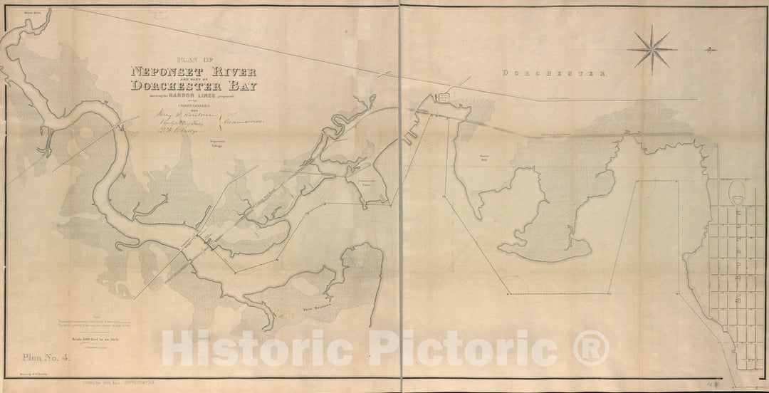 Historical Map, Plan of Neponset River and Part of Dorchester Bay Showing The Harbor Lines Proposed by The Commissioners 1854, Vintage Wall Art