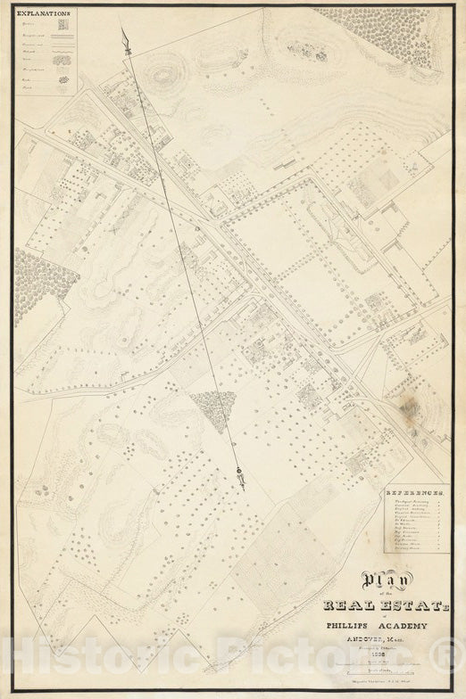 Historical Map, 1836 Plan of The Real Estate of Phillips Academy, Andover, Mass, Vintage Wall Art