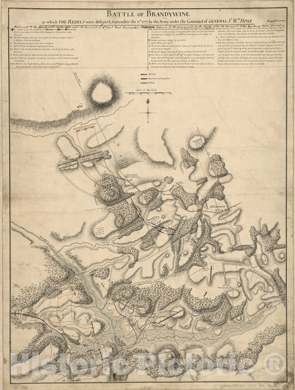 Historical Map, Battle of Brandywine, in which the rebels were defeated : September the 11th 1777, by the army under the command of General Sr. Wam. Howe, Vintage Wall Art