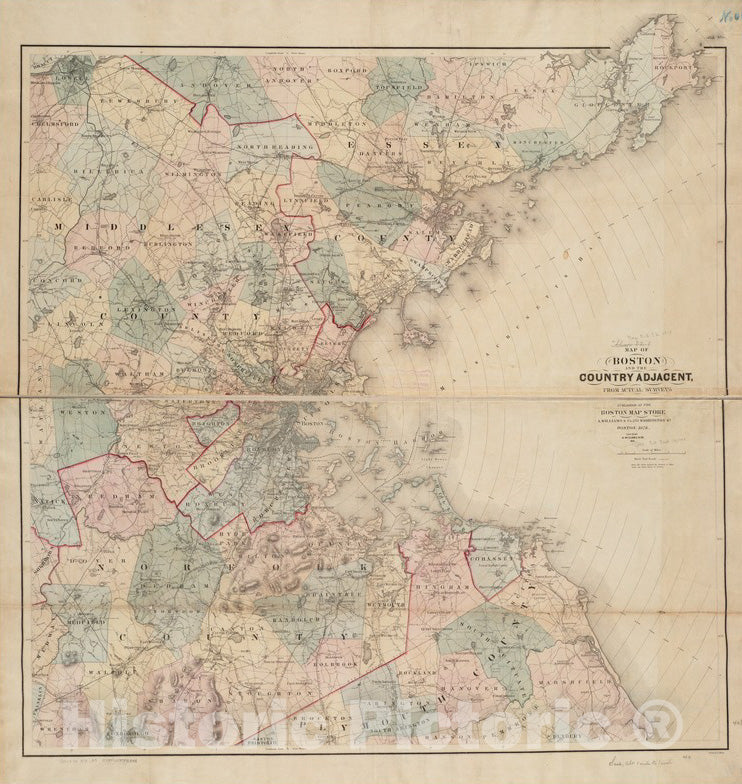 Historical Map, ca. 1878 Map of Boston and The Country Adjacent from Actual surveys, Vintage Wall Art