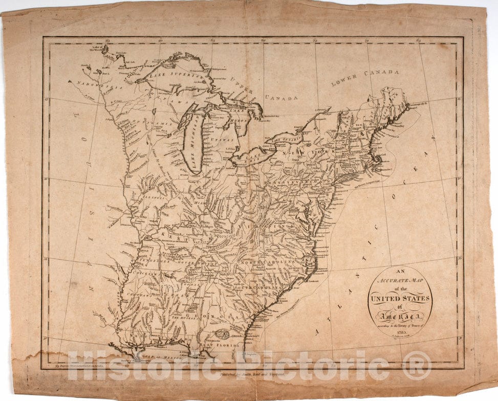 Historical Map, an Accurate map of The United States of America. : According to The Treaty of Peace of 1783, Vintage Wall Art