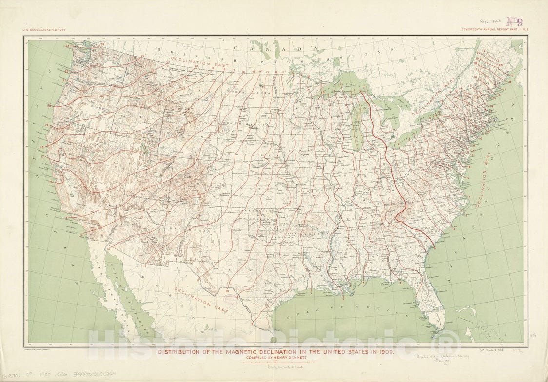 Historical Map, 1896 Distribution of The Magnetic Declination in The United States in 1900, Vintage Wall Art