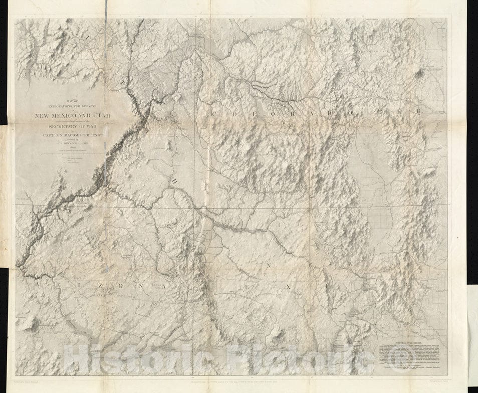 Historical Map, 1864 Map of explorations and surveys in New Mexico and Utah Made Under The Direction of The Secretary of War by Capt. J. N. Macomb topl, 1860, Vintage Wall Art