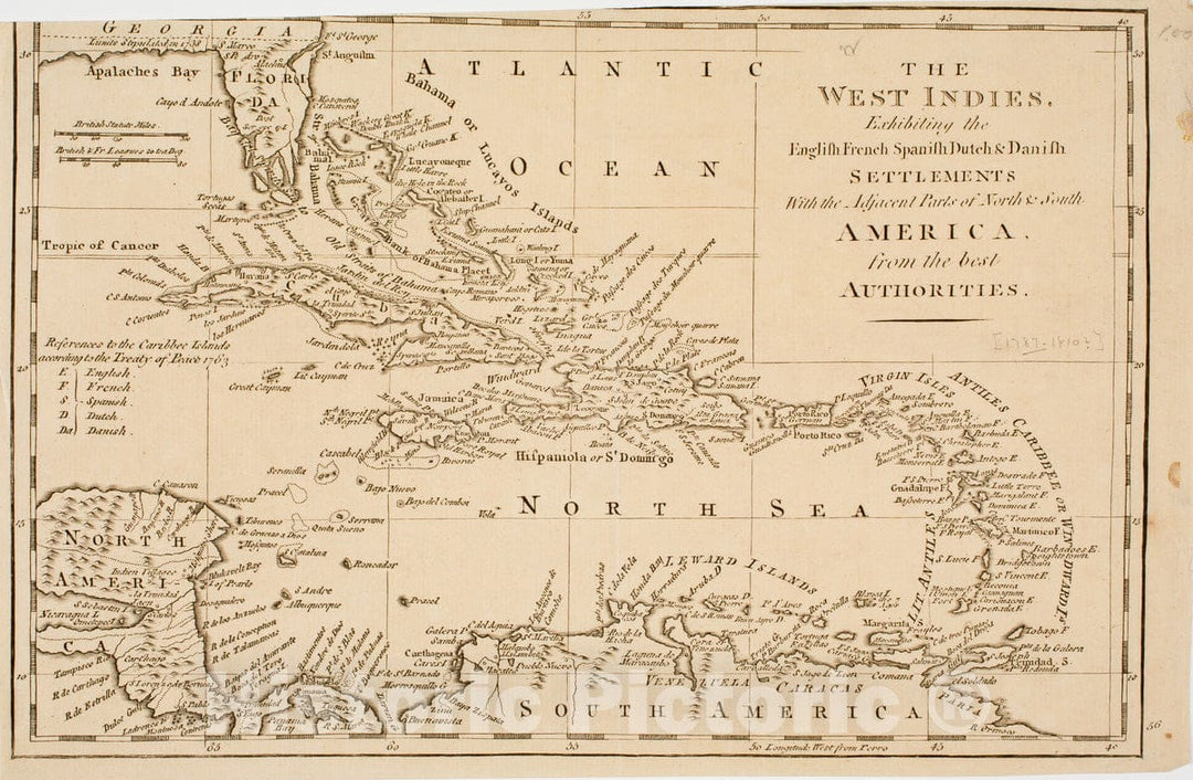 Historical Map, c.1780 The West Indies, exhibiting The English French Spanish Dutch & Danish settlements with The Adjacent Parts of North & South America, Vintage Wall Art