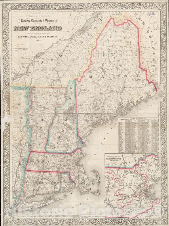 Historical Map, 1864 G. Woolworth Colton's Railroad, Township & Distance map of New England with Adjacent portions of New York, Canada & New Brunswick, Vintage Wall Art