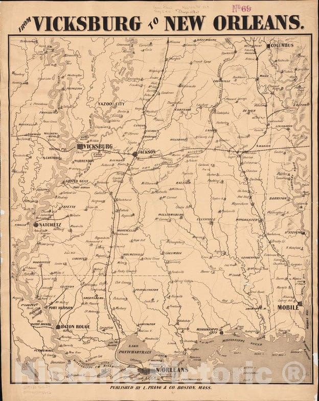 Historical Map, 1863 from Vicksburg to New Orleans, Vintage Wall Art