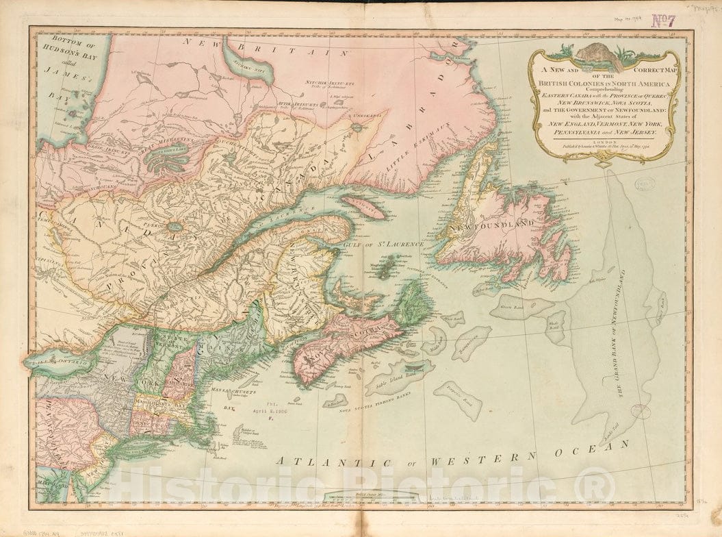 Historical Map, 1794 A New and correct map of the British colonies in North America comprehending eastern Canada with the province of Quebec, New Brunswick, Vintage Wall Art