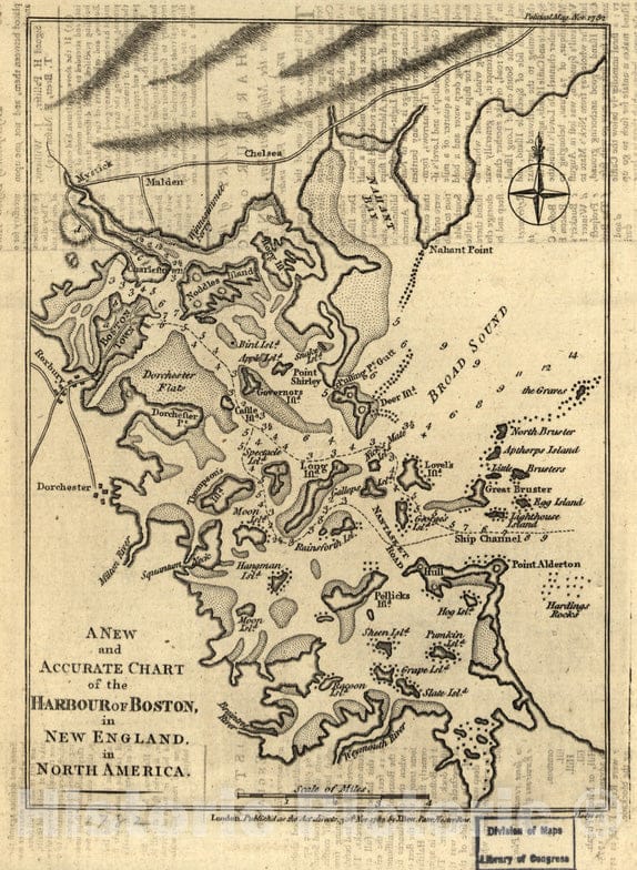 Historical Map, 1782 A New and Accurate Chart of The Harbour of Boston in New England in North America, Vintage Wall Art