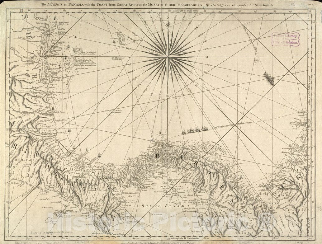 Historical Map, 1775 The Isthmus of Panama with the coast from Great River on the Moskito shore to Cartagena, Vintage Wall Art