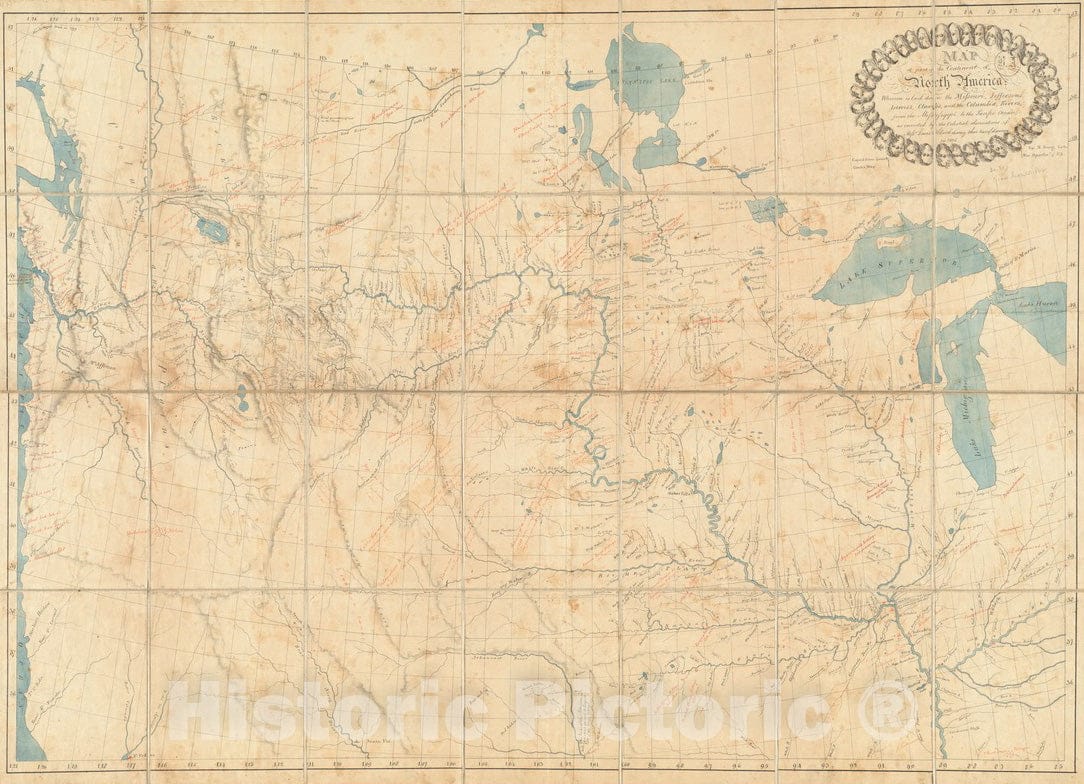 Historical Map, 1807-1808 Map of pof The Continent of North America : whereon is Laid Down The Missouri, Jeffersons, Lewis's, Clarks, and The Columbia, Rivers, Vintage Wall Art