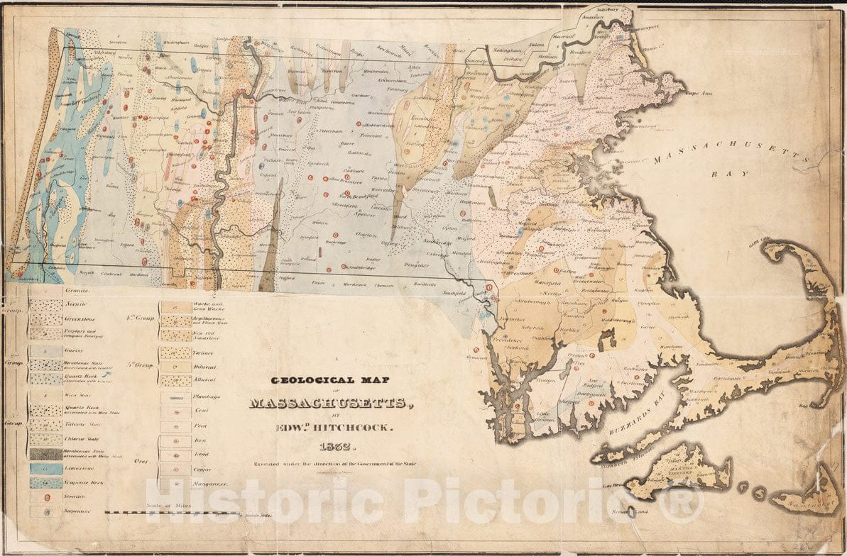 Historical Map, 1832 Geological map of Massachusetts, Vintage Wall Art