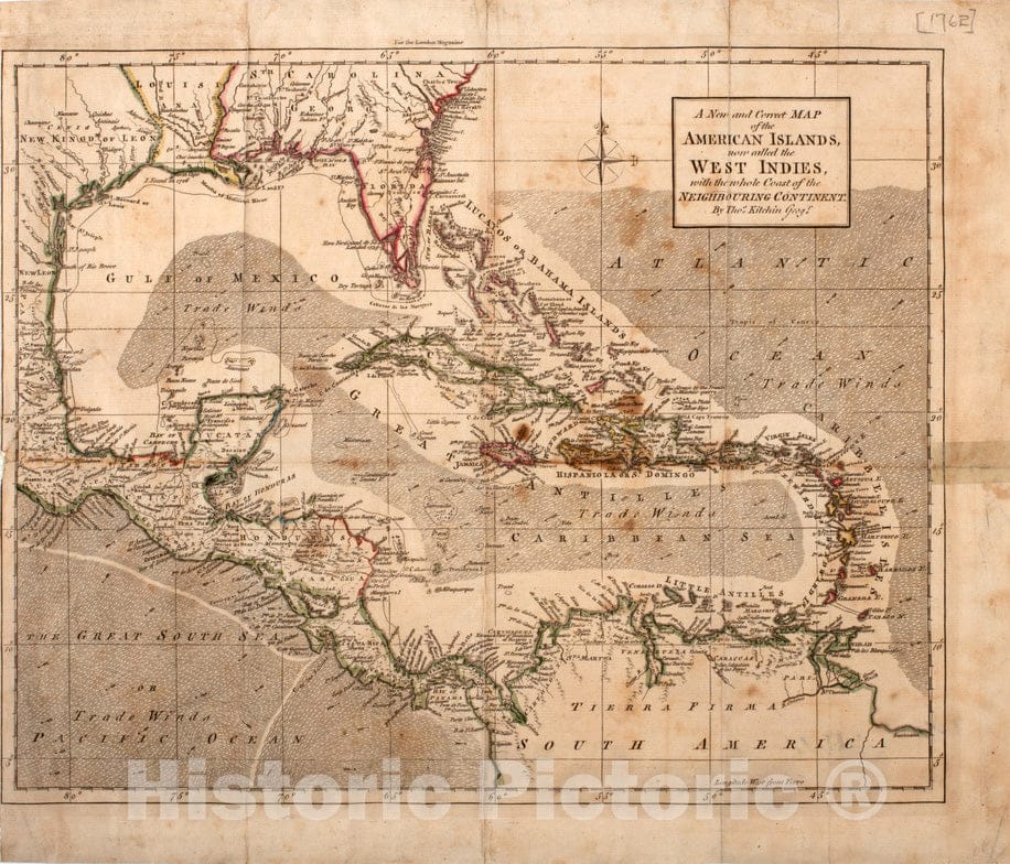 Historical Map, 1762 A new and correct map of the American islands, now called the West Indies, with the whole coast of the neighbouring continent, Vintage Wall Art