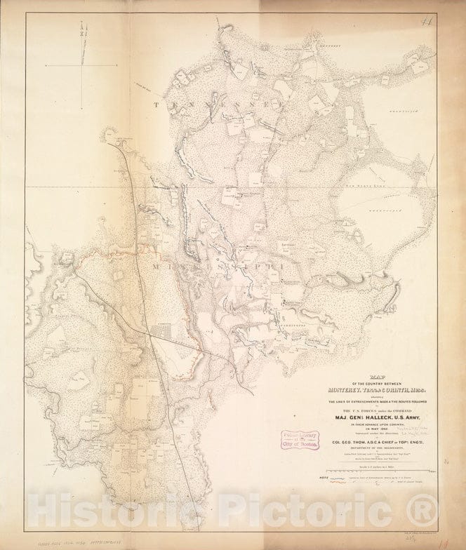 Historical Map, 1862 Map of The Country Between Monterey, Tenn: & Corinth, Miss: Showing The Lines of entrenchments Made & The Routes Followed by The U.S. Forces, Vintage Wall Art