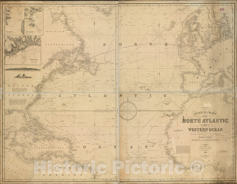 Historical Map, 1859 General Chart, of The North Atlantic, or Western Ocean, from The Equator to 62AÂ° North Latitude, According to The Latest, surveys and observations, Vintage Wall Art