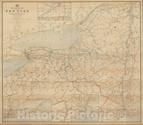 Historical Map, 1891 Post route map of the State of New York and parts of Vermont, Massachusetts, Connecticut, New Jersey, and Pennsylvania, Vintage Wall Art