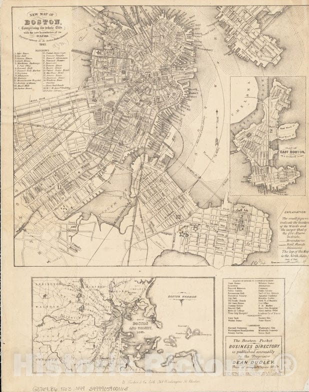 Historical Map, 1863 New map of Boston, comprising The Whole City with The New boundariess of The wards, Vintage Wall Art