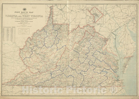 Historical Map, 1895 Post Route map of The States of Virginia and West Virginia Showing Post Offices with The Intermediate Distances and Mail Routes in Operation, 1895, Vintage Wall Art