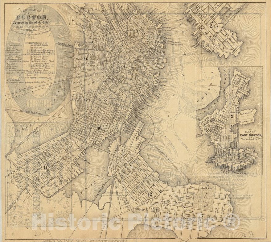 Historical Map, 1858 New map of Boston, comprising The Whole City, with The New Boundaries of The wards, Vintage Wall Art