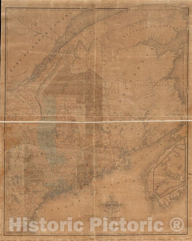 Historical Map, 1844 Map of the state of Maine with the province of New Brunswick, Vintage Wall Art