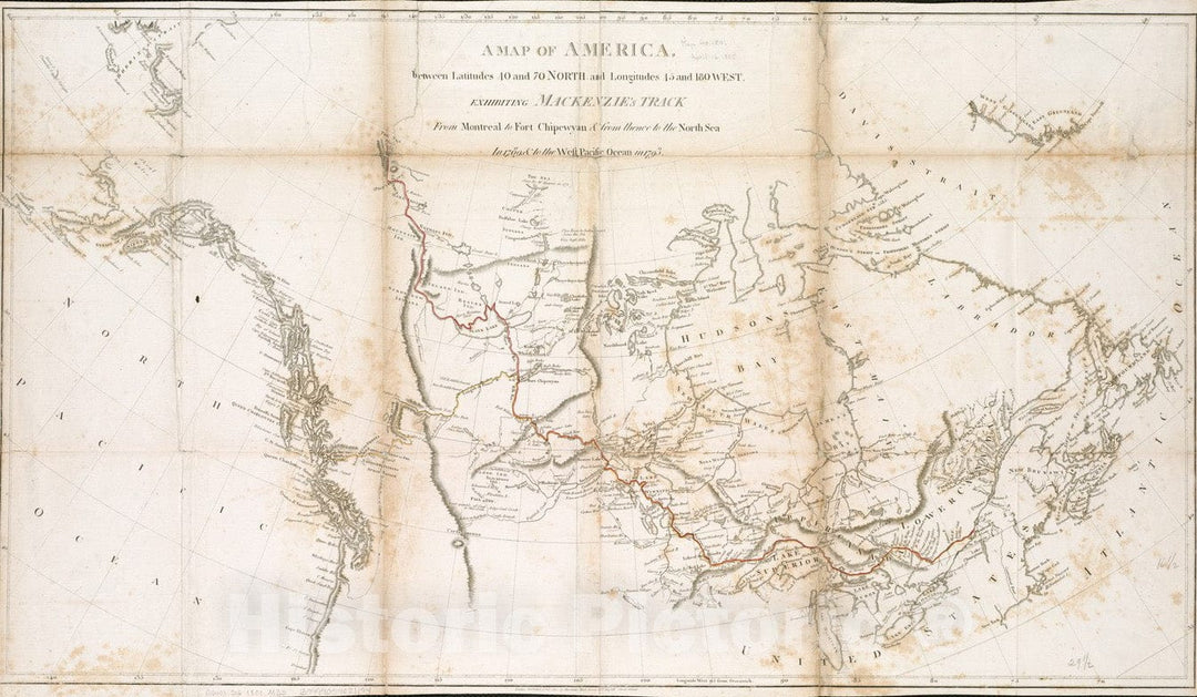 Historical Map, 1801 A map of America between latitudes 40 and 70 north and longitudes 45 and 180 west, exhibiting Mackenzie's track from Montreal to Fort Chipewwa, Vintage Wall Art