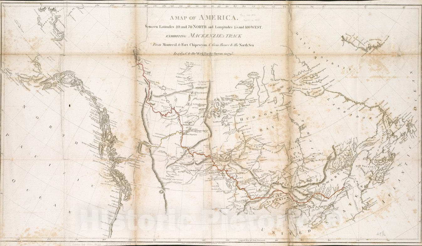 Historical Map, 1801 A map of America between latitudes 40 and 70 north and longitudes 45 and 180 west, exhibiting Mackenzie's track from Montreal to Fort Chipewwa, Vintage Wall Art