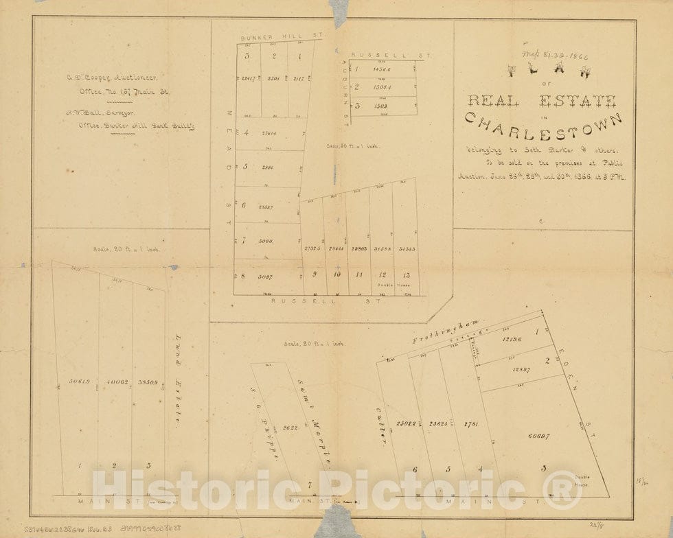 Historical Map, 1866 Plan of real estate in Charlestown belonging to Seth Barker & others : to be sold on the premises at public auction, June 26th, 28th, and 30th, 1866, at 3 p.m Vintage Wall Art