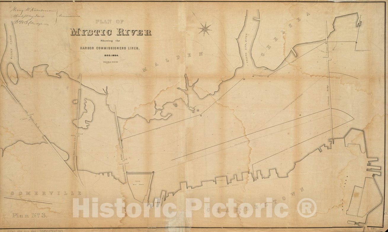 Historical Map, Plan of Mystic River Showing The Harbor Commissioners Lines : Dec. 1854, Vintage Wall Art