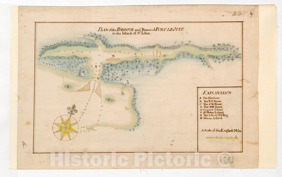 Historical Map, 1750-1765 Plan of The Harbour and Rivers of Port LE Joye in The Island of S.t Iohn, Vintage Wall Art