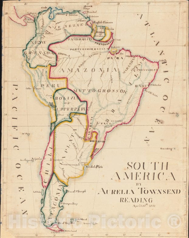 Historical Map, 1831 South America, Vintage Wall Art