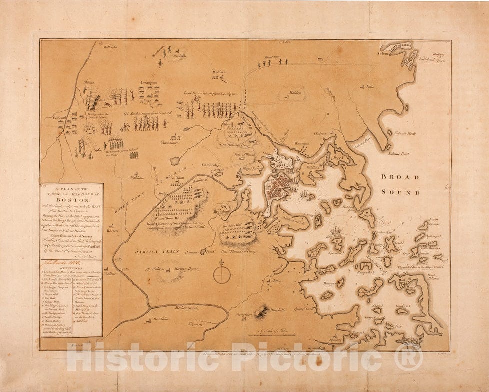 Historical Map, 1775 A Plan of The Town and Harbour of Boston. : and The Country Adjacent with The Road from Boston to Concord, Vintage Wall Art