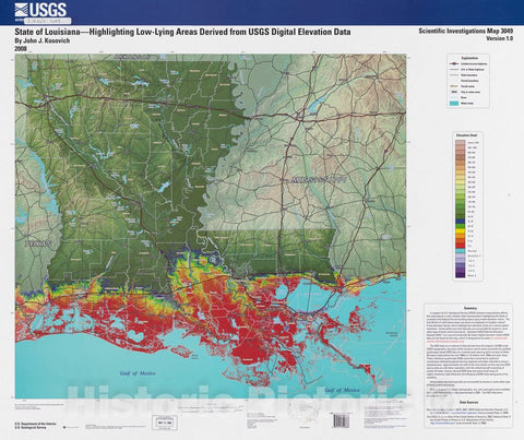 Historical Map, 2008 State of Louisiana, highlighting low-lying areas derived from USGS digital elevation data, Vintage Wall Art