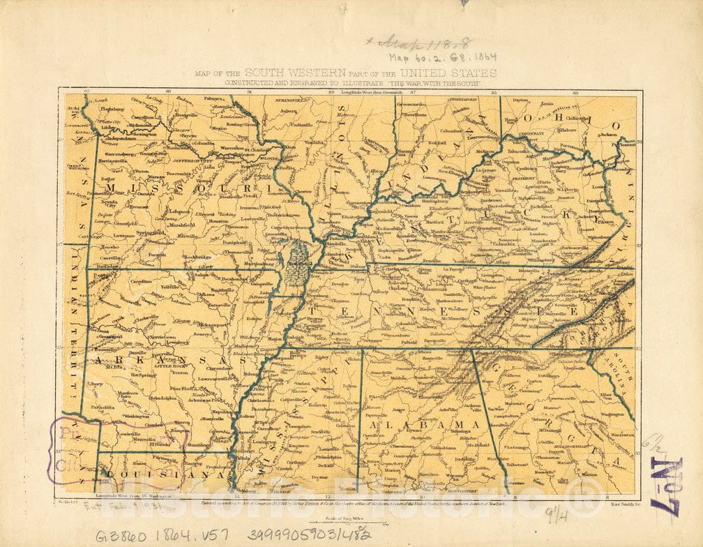 Historical Map, 1864 Map of The South Western Part of The United States : Constructed and Engraved to illustrate 'The War with The South', Vintage Wall Art