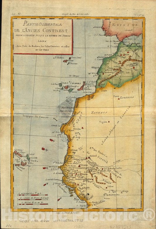 Historical Map, 1783-1784 Partie occidentale de l'ancien Continent Depuis Lisbonne jusqua la Riviere de Sierra Leona : avec l'Isle Madere, les Isles Canaires, Vintage Wall Art