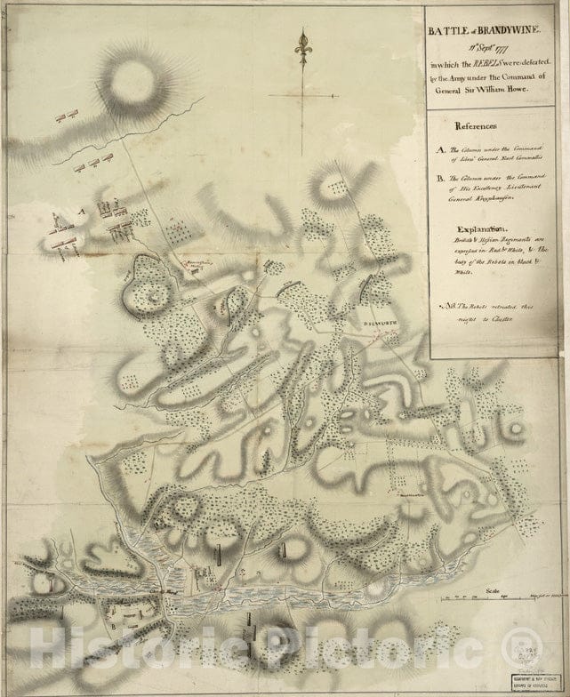 Historical Map, Battle of Brandywine : 11th Septr. 1777, in which the rebels were defeated by the army under the command of General Sir William Howe, Vintage Wall Art