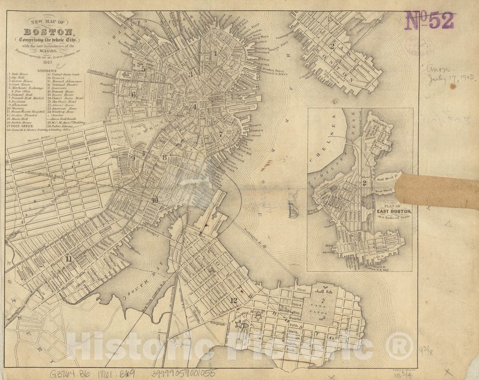 Historical Map, 1861 New map of Boston, comprising The Whole City, with The New Boundaries of The wards, Vintage Wall Art