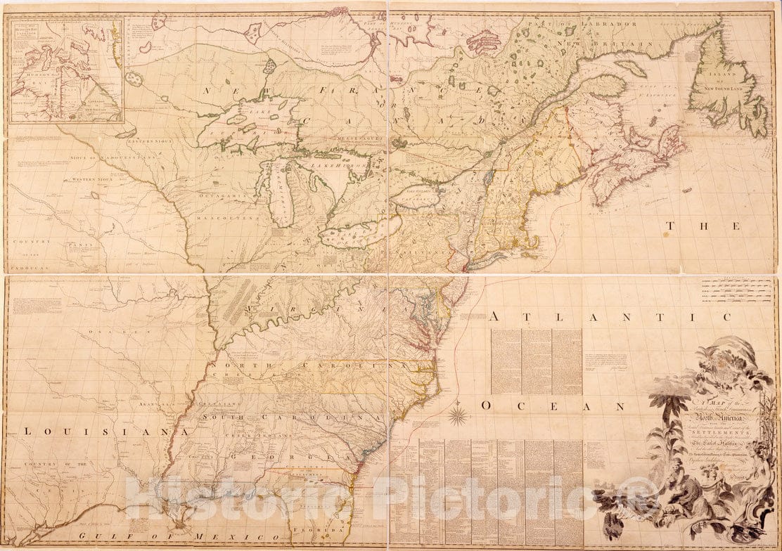 Historical Map, 1755 A map of The British and French dominions in North America : with The Roads, Distances, Limits, and Extent of The settlements, Vintage Wall Art