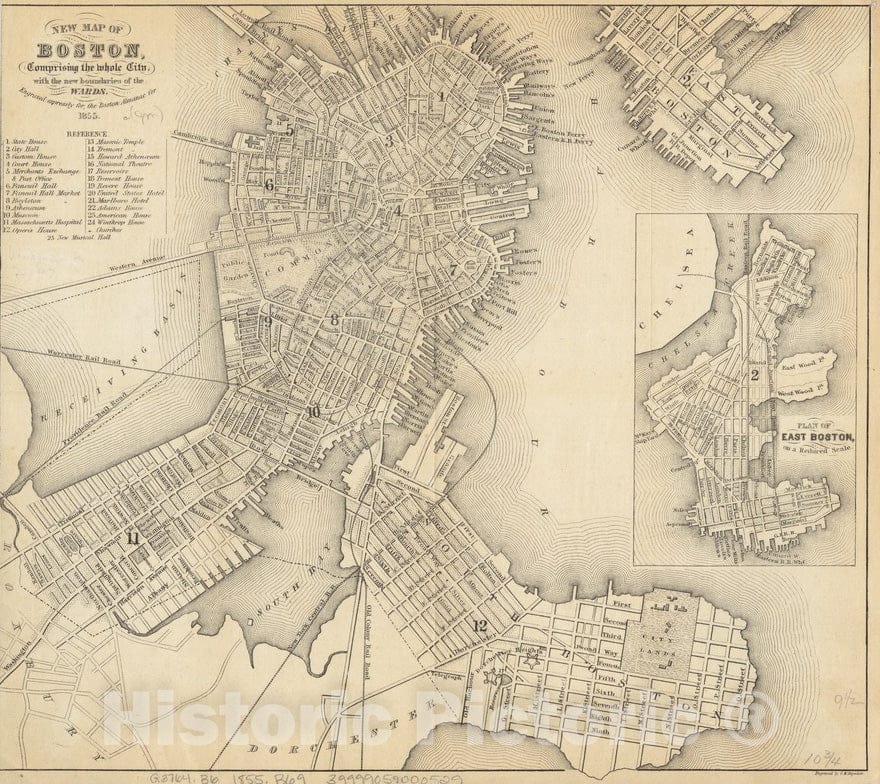 Historical Map, 1855 New map of Boston, comprising The Whole City, with The New Boundaries of The wards, Vintage Wall Art