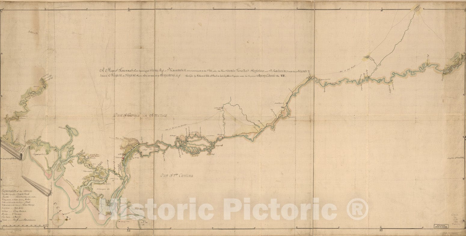 Historical Map, 1752 A map of Savannah River Beginning at Stone-Bluff, or Nexttobethell, which continueth to The sea : Also, The Four Sounds SavanIÆ’ah, [Warsaw], Vintage Wall Art