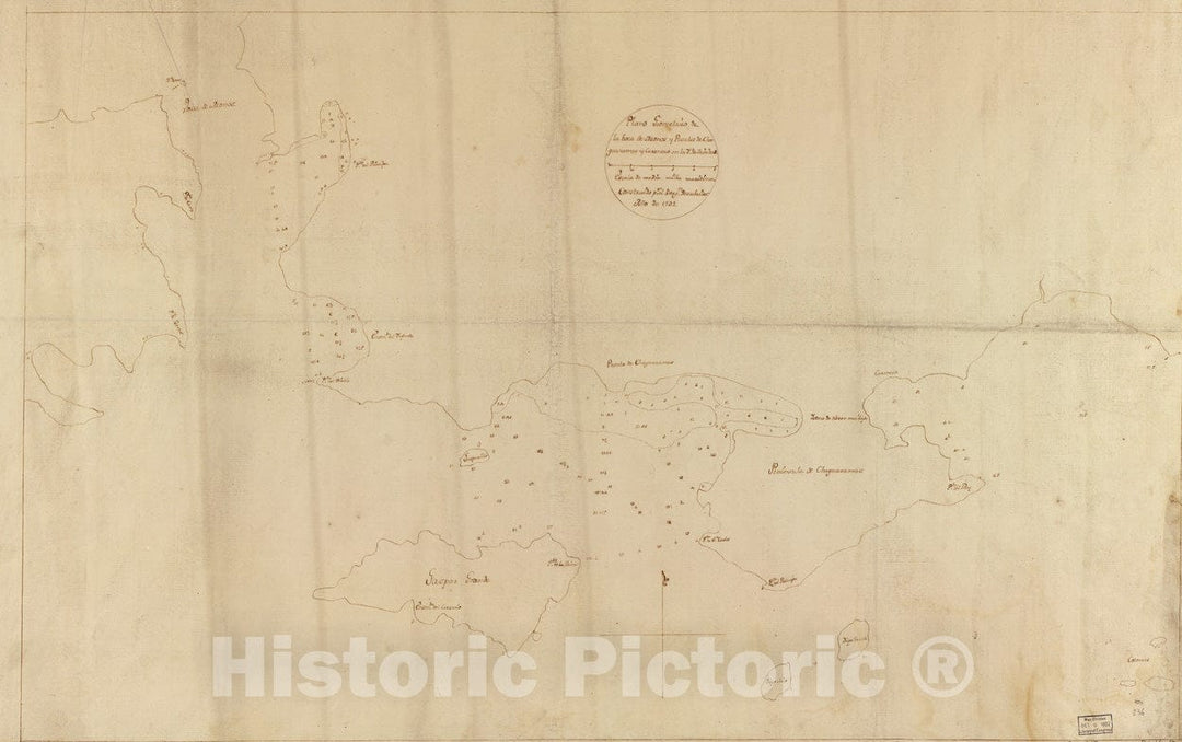 Historical Map, 1792 Plano geomeItrico de la Boca de monos y puertos de Charguaramas y Carenero en la Ya. de Trinidad, Vintage Wall Art