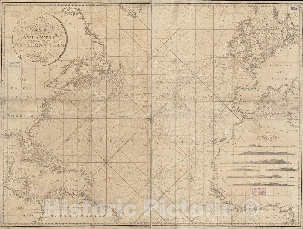 Historical Map, 1797 A new chart of the Atlantic or Western Ocean, Vintage Wall Art