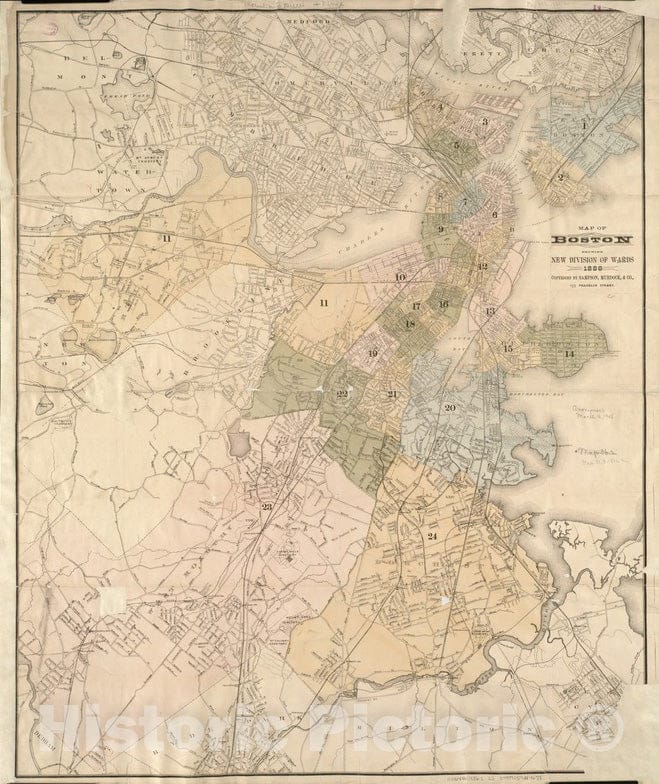 Historical Map, 1886 Map of Boston Showing New Division of wards, Vintage Wall Art